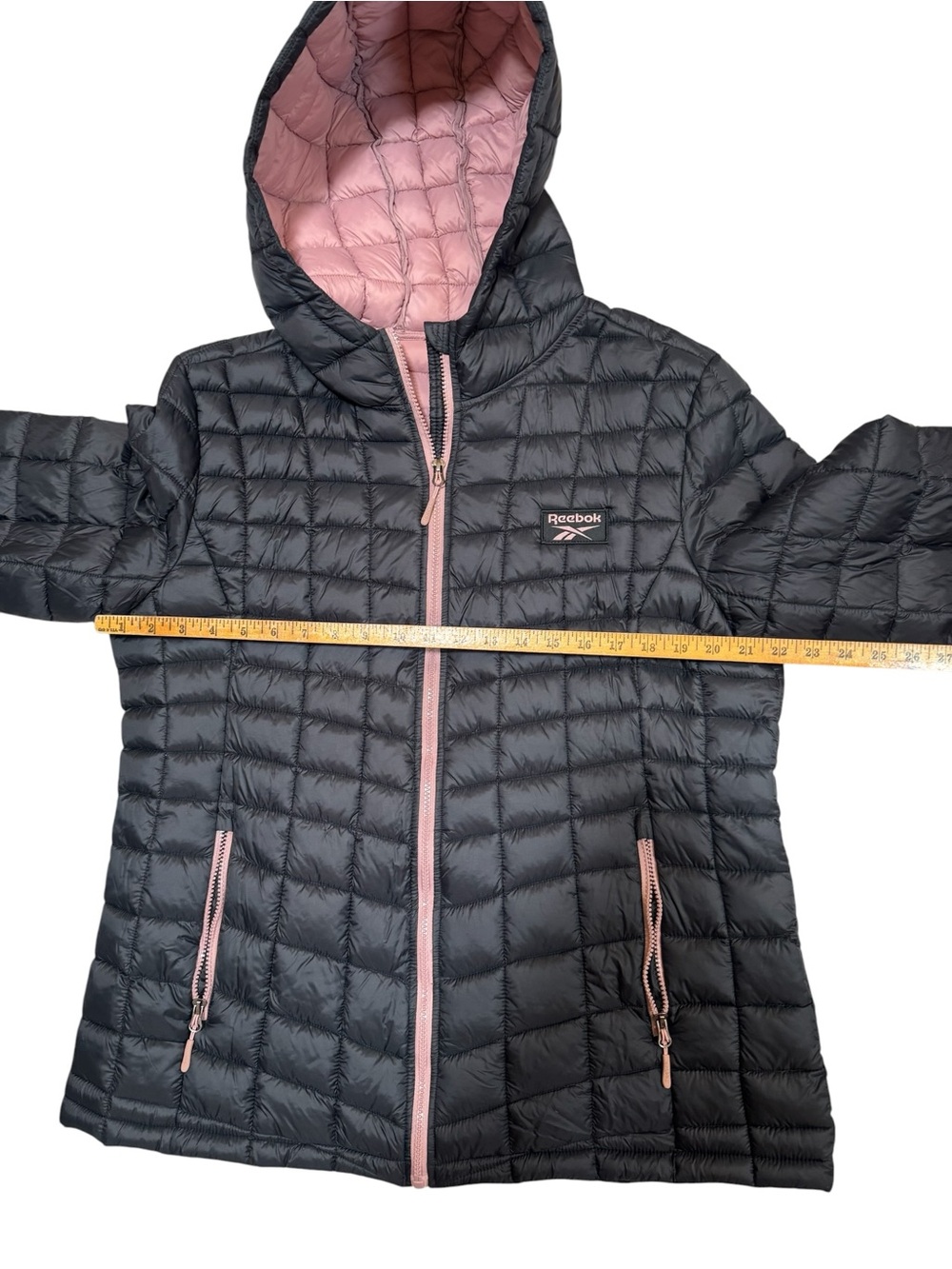 Reebok Lightweight Quilted Hooded Puffer Jacket Charcoal Pink Full Zip XL Coat - Picture 3 of 10